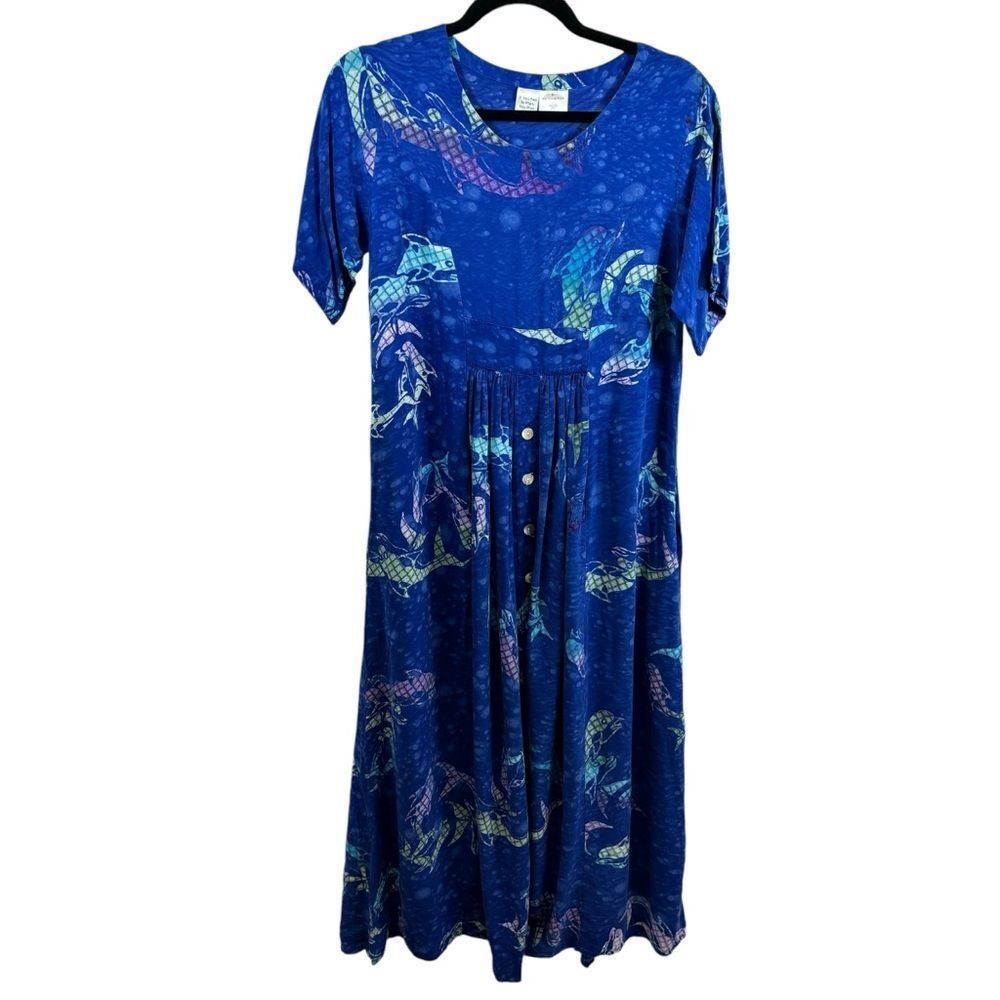 Ladies Vintage Dolphin Print Blue Short Sleeve Button Skirt Maxi Dress Small